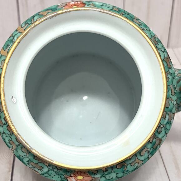 Vintage A.C.F. Mid Century Japanese Porcelain Tea Set Green Floral Gold Enamel - Picture 7 of 16